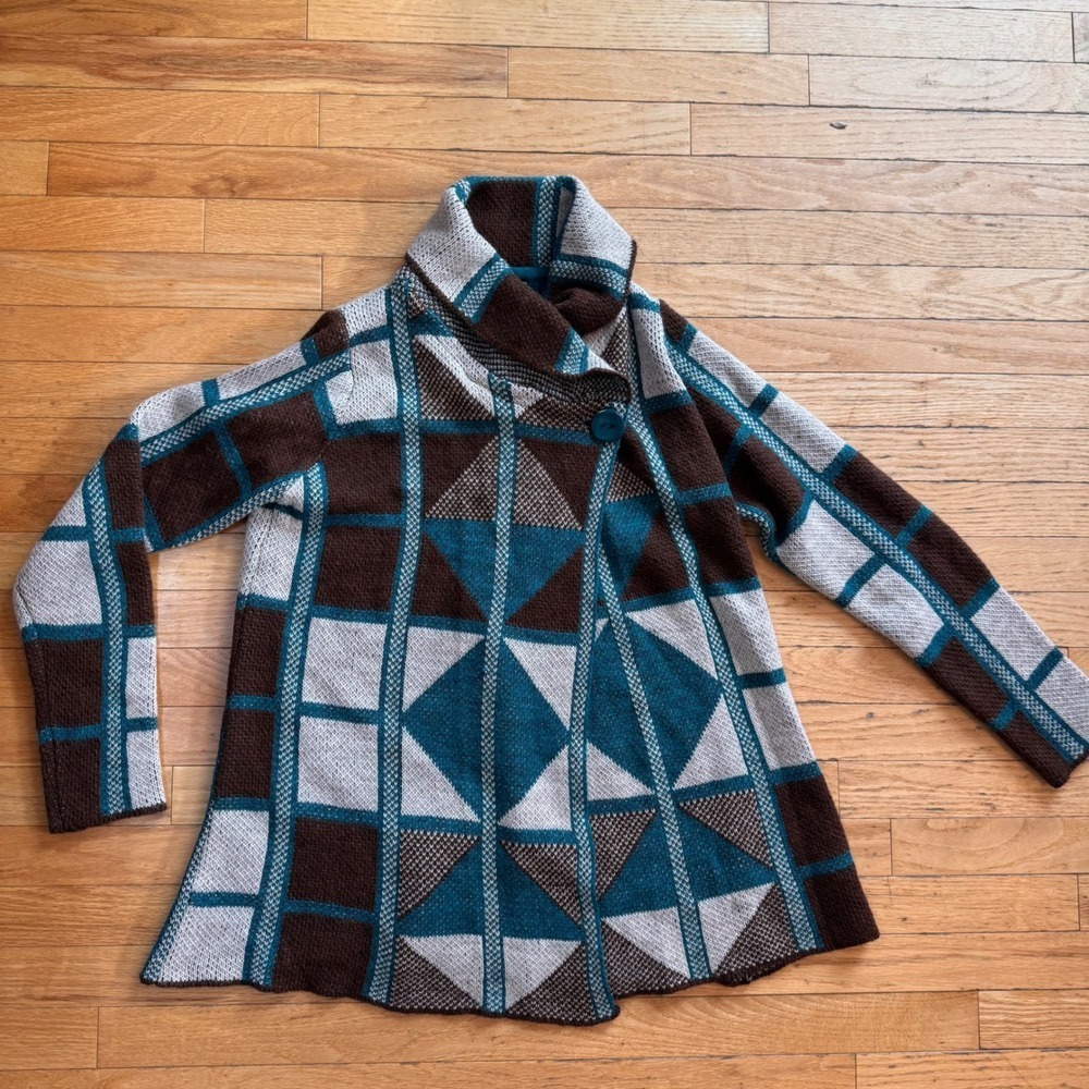 Elisabetta Collection Italy Wool Alpaca Blend Geometric Knit Cardigan Teal L